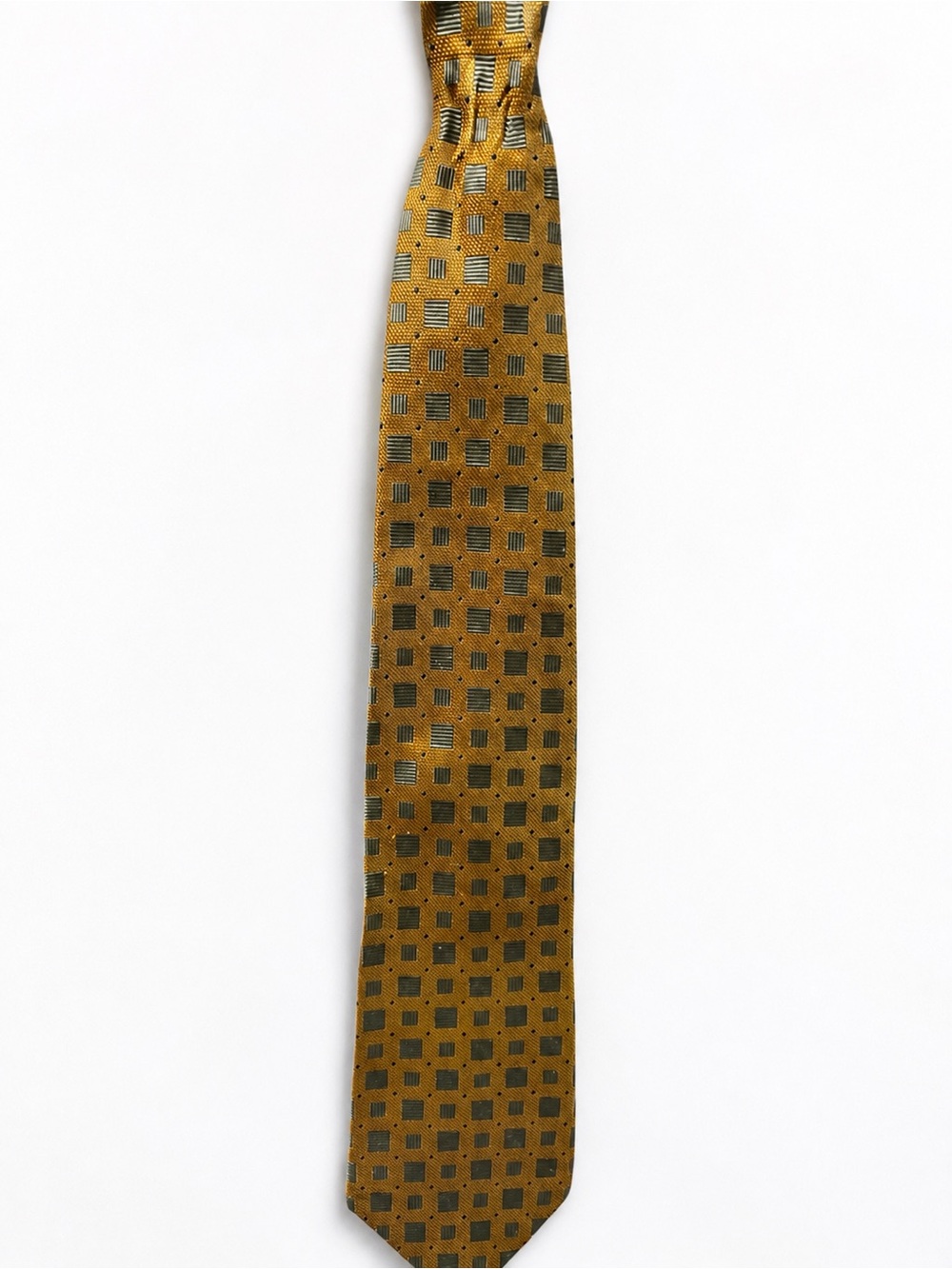 BOSA Italy 100% Silk Men’s Tie Gold Geometric Squares Gray & Olive Pattern - Picture 1 of 4